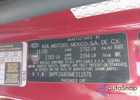 2021 Kia Forte Lxs из США, поврежденный, VIN 3KPF24AD6ME312978